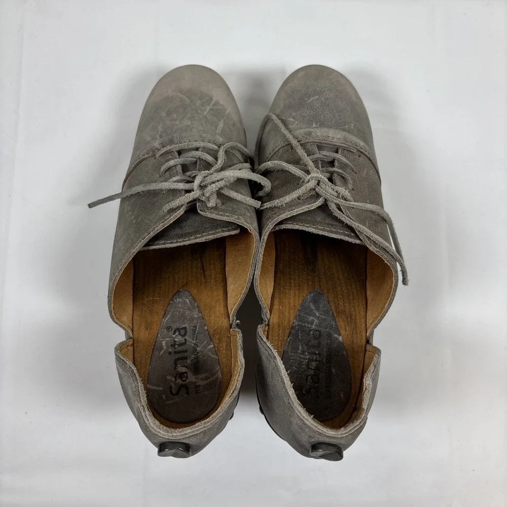 Sanita Womens Theodora Gray Leather Lace Up Studded Distressed Shoes Sz 39 Retro